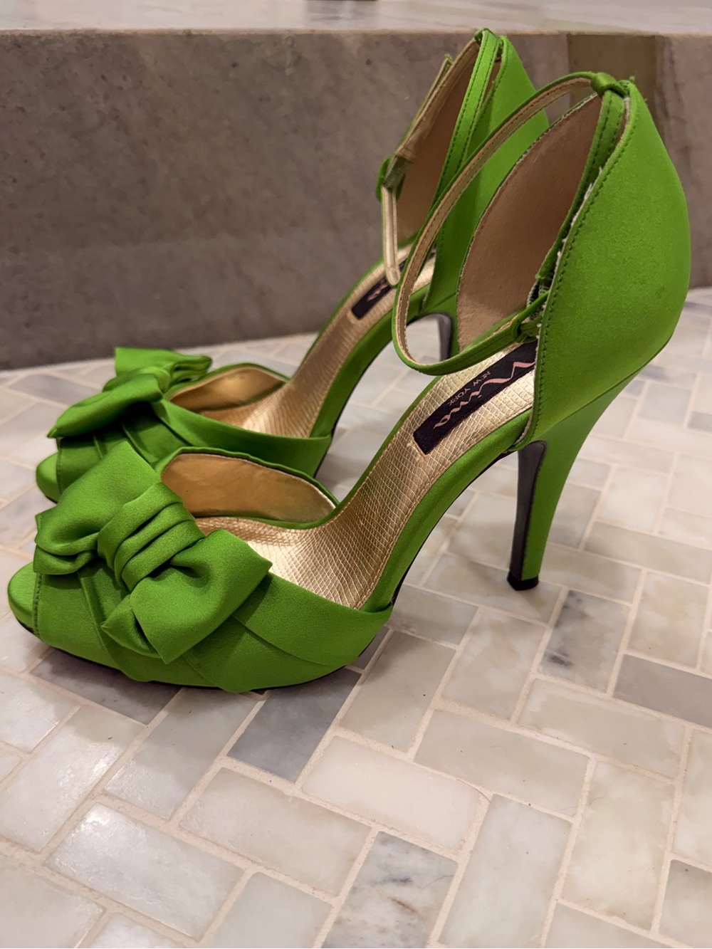 Nina Lime Green Satin Bow Peep-Toe Ankle-Strap Heels - Picture 2 of 7